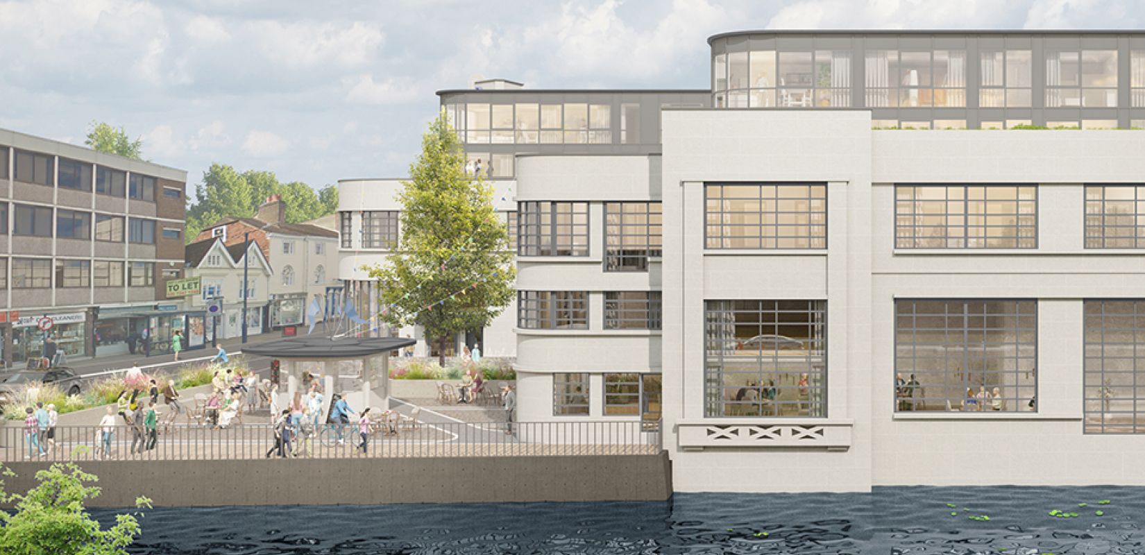 Len House, Maidstone - a river-level render showing the development alongside the River Len with landscaped public realm