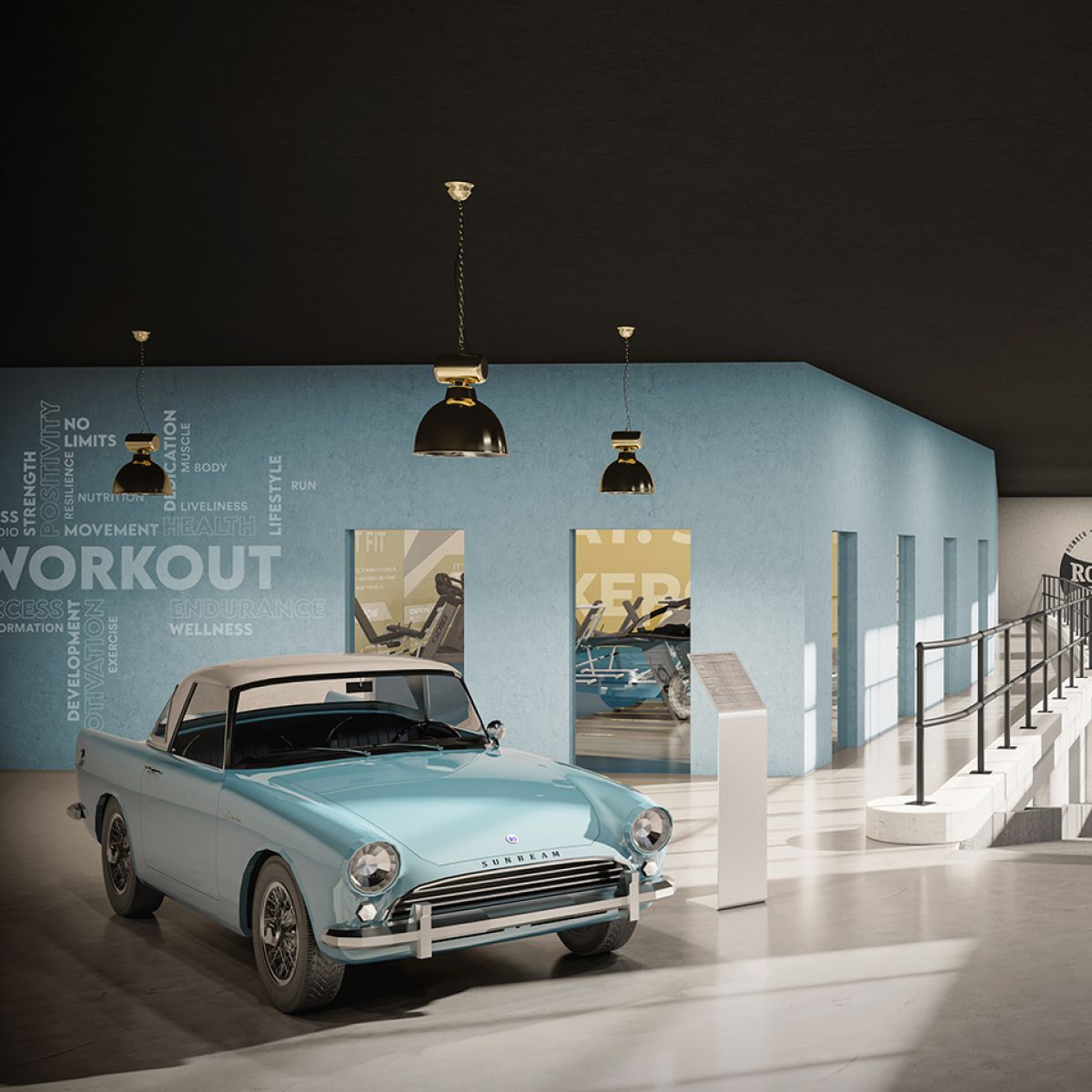 A gym and workout space within Len House, Maidstone featuring a vintage car display and artwork - amenity spaces designed around the building's history