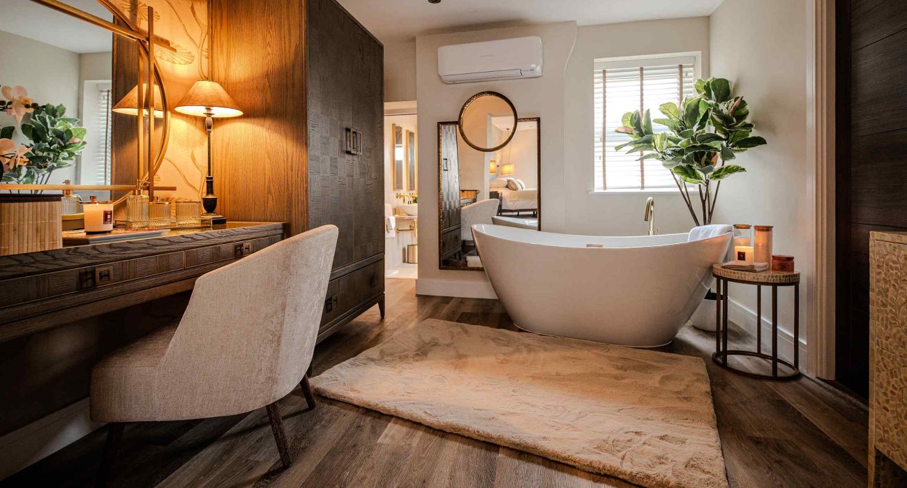 A luxury freestanding bathtub in a beautifully designed bathroom - a coastal residence interior by Atlantic Interiors, Kent