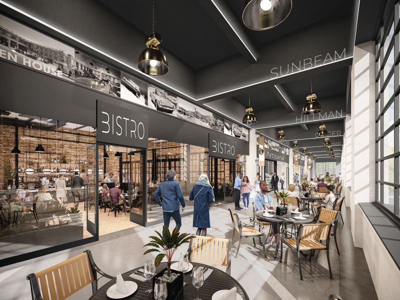 A contemporary bistro and commercial ground floor space within Len House, Maidstone - community and retail development visualisation