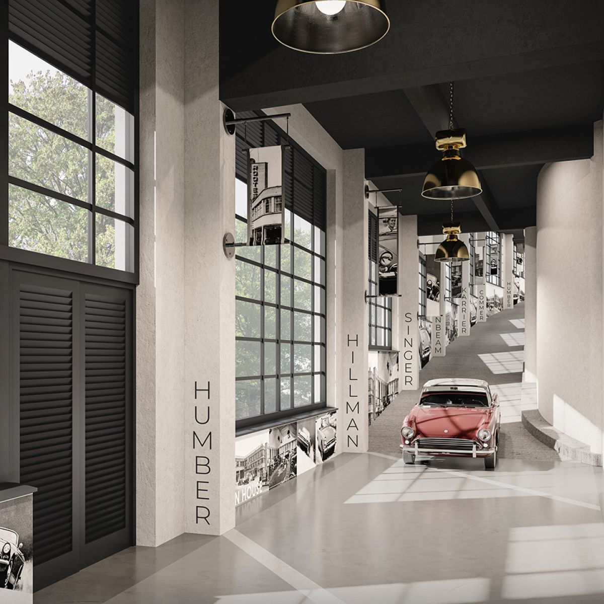 An interior corridor within Len House, Maidstone featuring a vintage classic car display - celebrating the building's motor heritage
