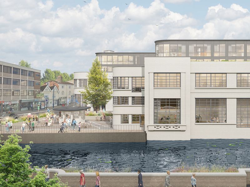 Len House, Maidstone - a river-level render showing the development alongside the River Len with landscaped public realm