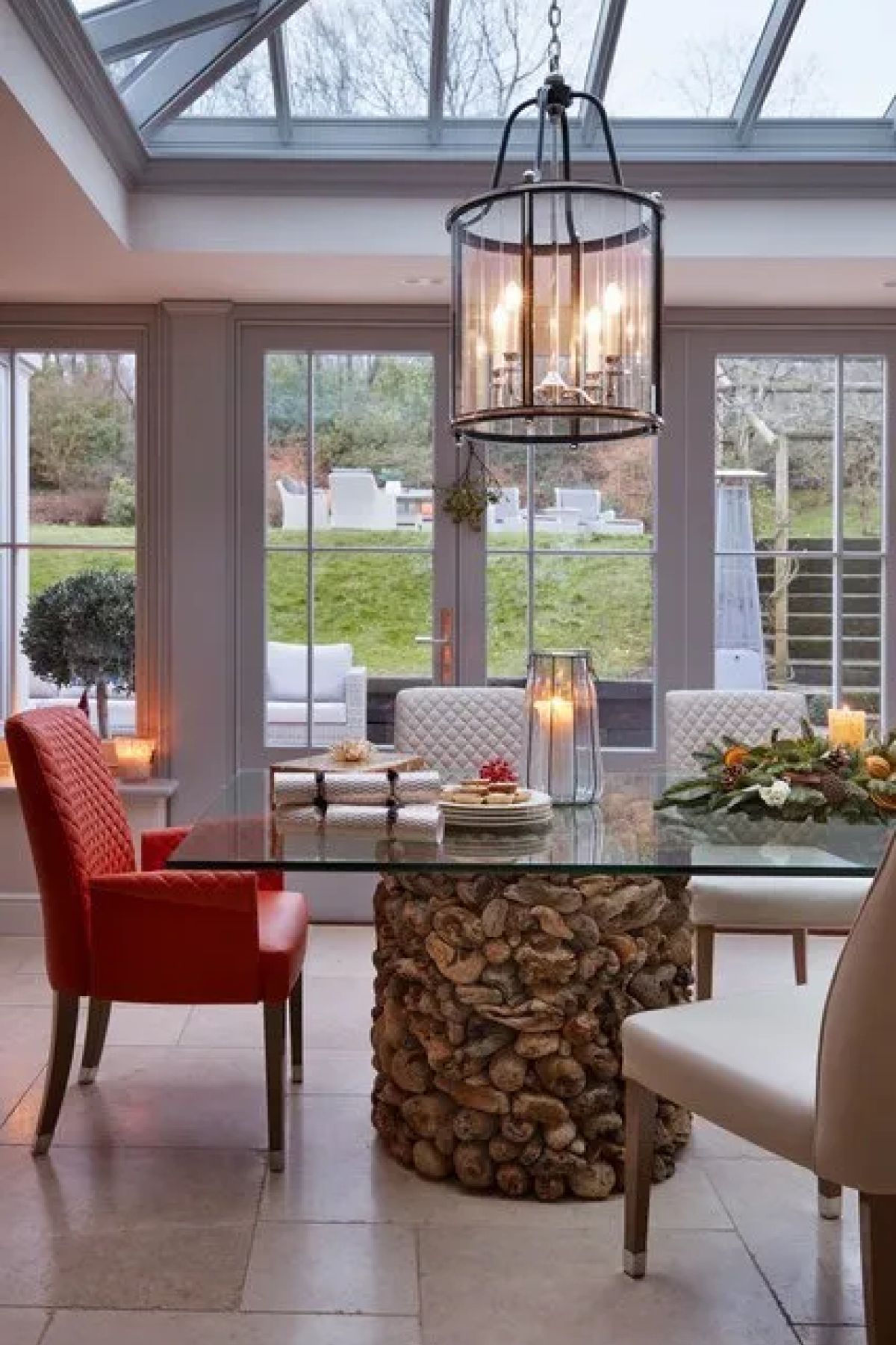 A detail view of the glazed orangery structure and windows - Kitchen Orangery interior design by Atlantic Interiors, Kent
