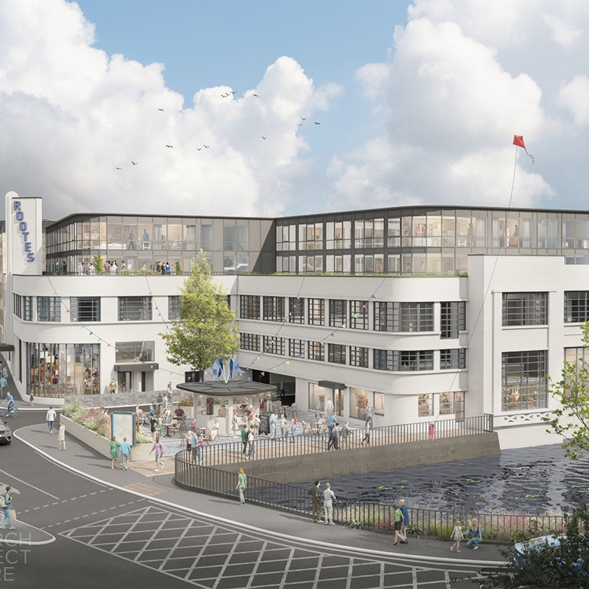 An aerial render of Len House, Maidstone - the Art Deco residential development with River Len and new public square