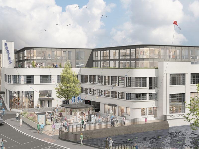 An aerial render of Len House, Maidstone - the Art Deco residential development with River Len and new public square