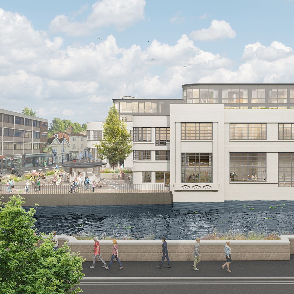 Len House, Maidstone - a river-level render showing the development alongside the River Len with landscaped public realm